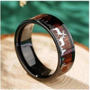 THREE KEYS JEWELRY 8mm Deer Family Tungsten Rings Wood Inlay Wedding Bands